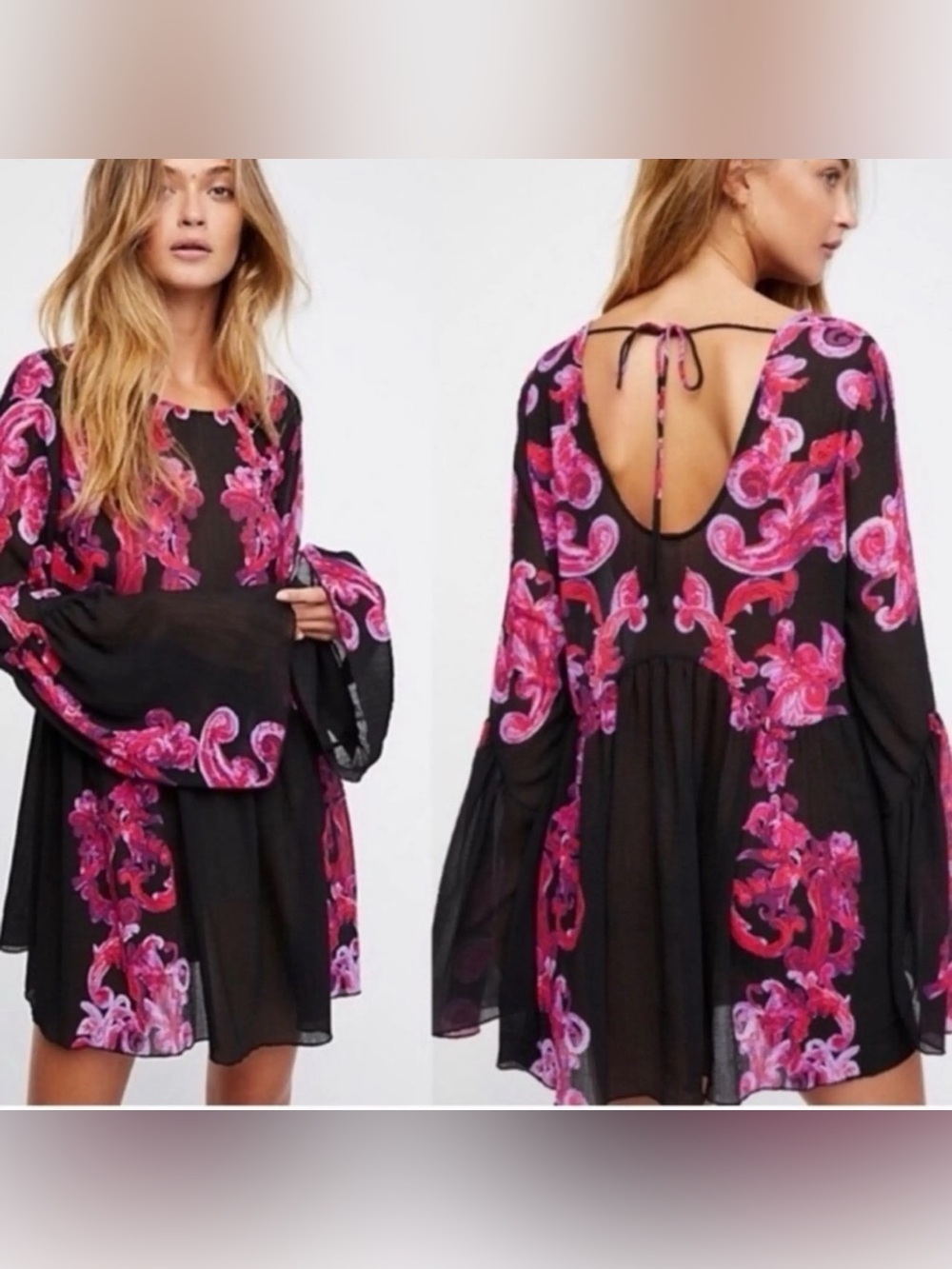 Free People Intimately Symphony Swing Mini Dress Sheer Floral Bell Sleeve Large